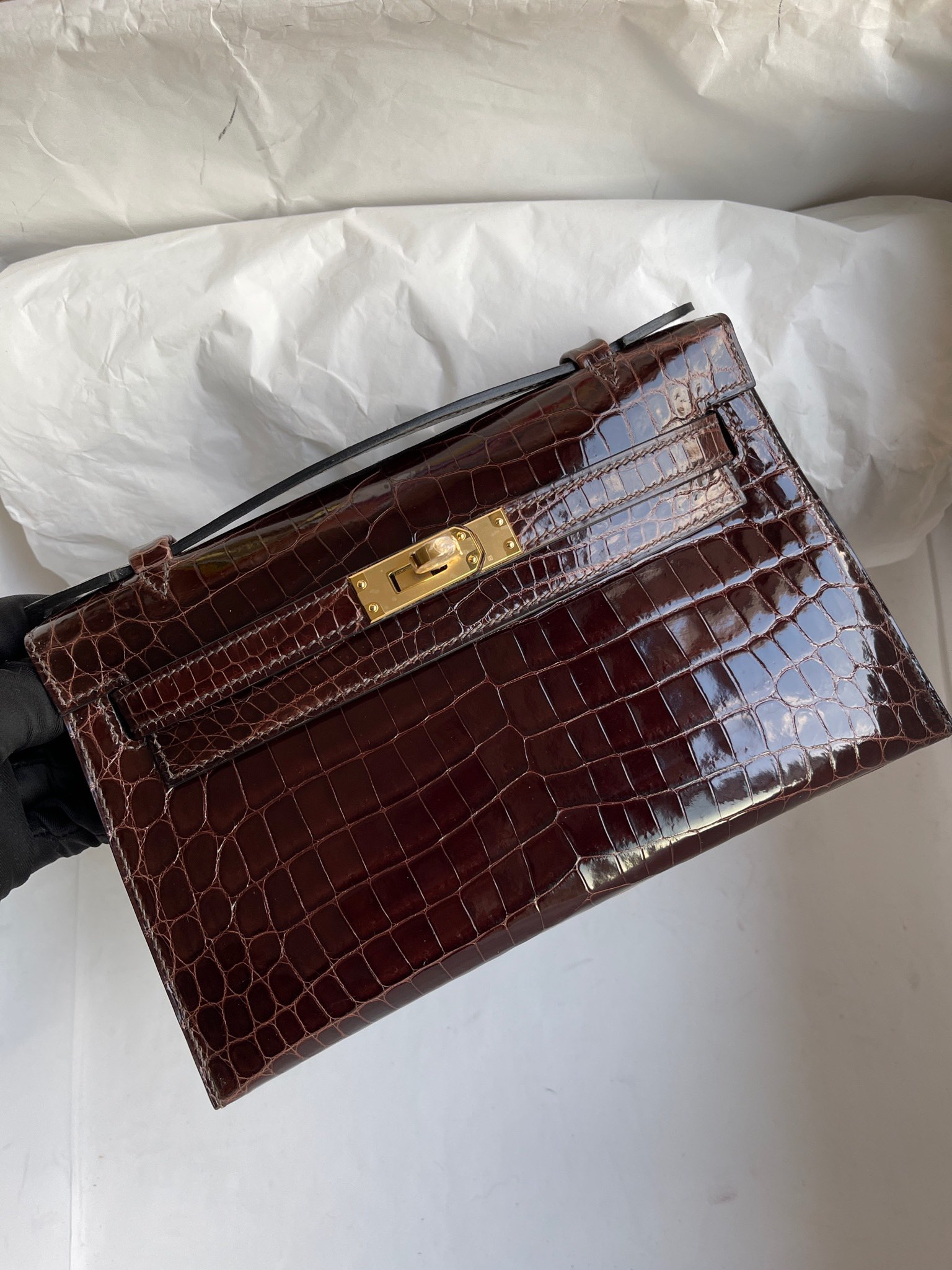 에르메스 켈리22 포쉐트 브라운 금장 샤이니 악어가죽